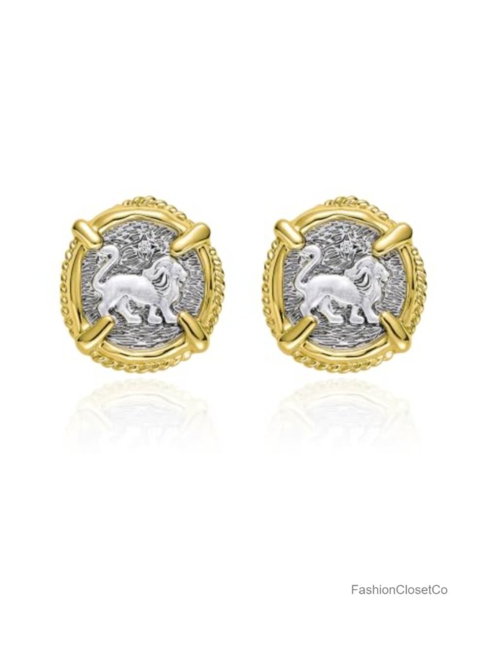 Two Tone Gold Antique Silver Lion Medallion Stud Earrings Gift